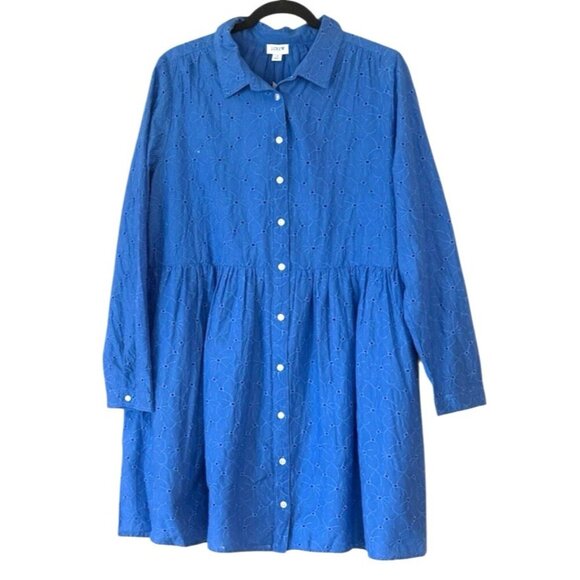 J Crew Eyelet Shirtdress Blue Long Sleeve Collared Preppy Cotton Size 14 NWT - Picture 1 of 7